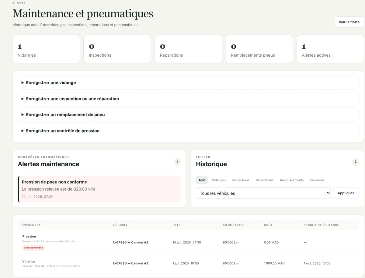 Écran entretien de FleetCore, vidanges et pressions de pneus par véhicule, avec les coûts et les échéances
