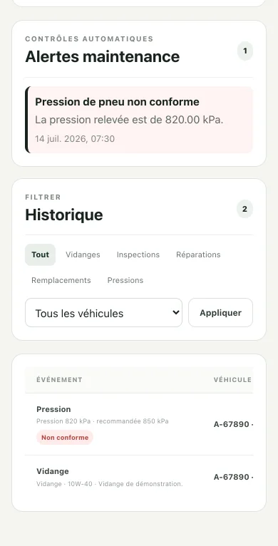 Le même écran de FleetCore sur un téléphone, l'alerte de pression et l'historique par véhicule